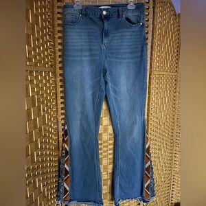 Stylish Blue Flare Jeans with Brown Embroidered Pattern